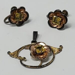 Iskin Pendant sterling Earrings Set Gold tone Yellow Floral Art Nouveau Vintage